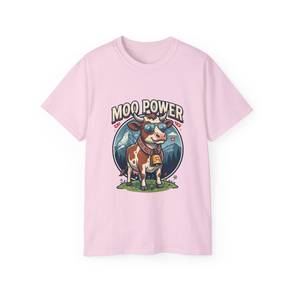 "MOO POWER" T-Shirts – Lustiges Kuh-Motiv mit Schweizer Alpen-Flair