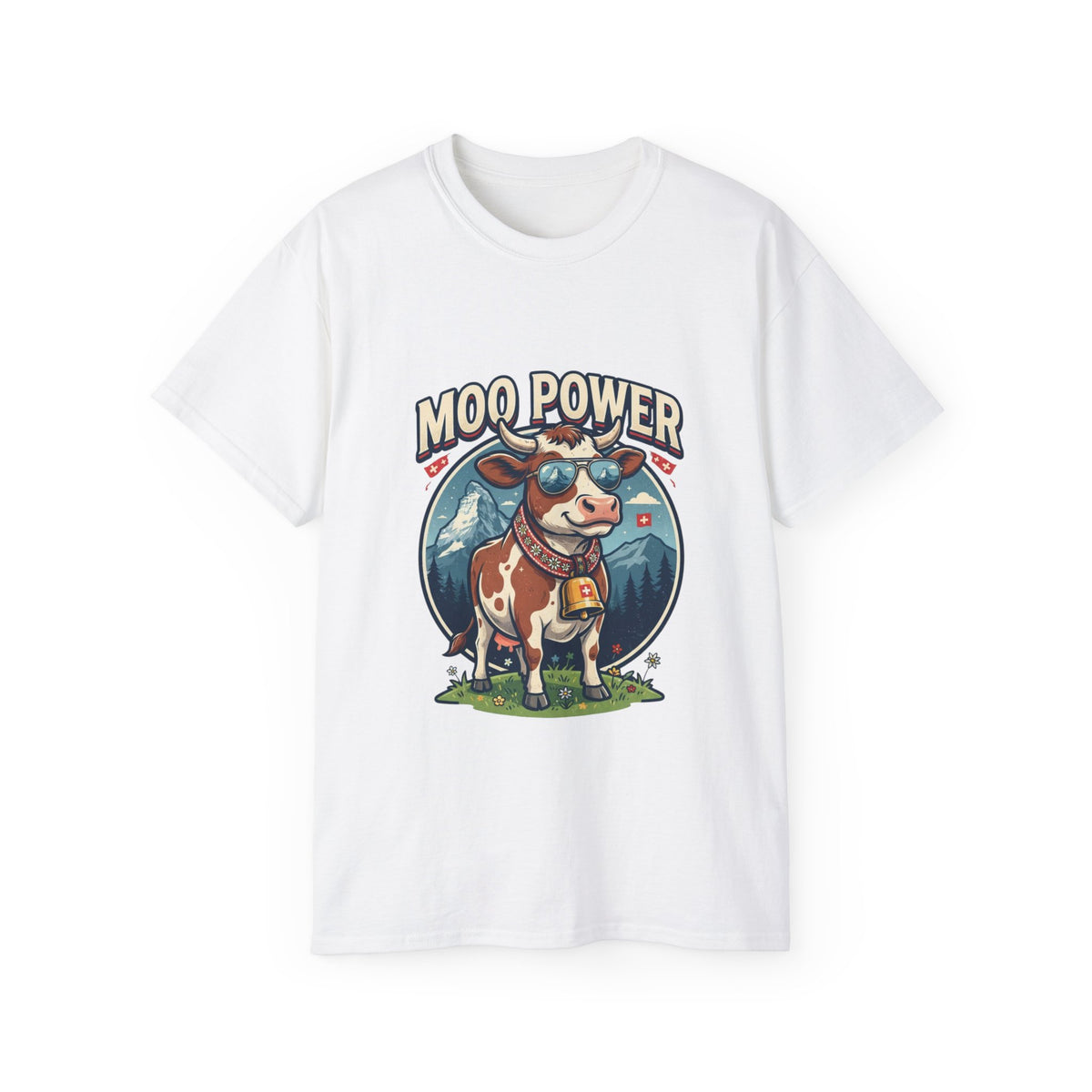 "MOO POWER" T-Shirts – Lustiges Kuh-Motiv mit Schweizer Alpen-Flair