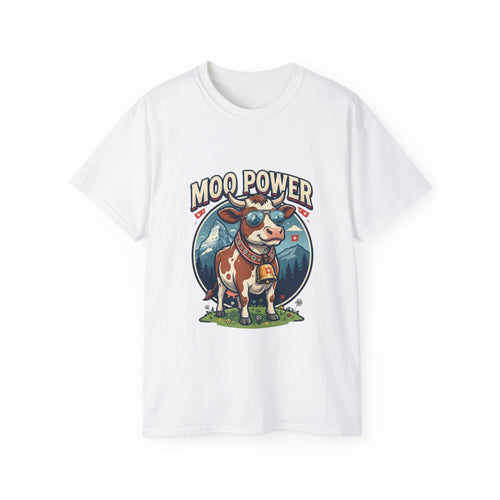 "MOO POWER" T-Shirts – Lustiges Kuh-Motiv mit Schweizer Alpen-Flair