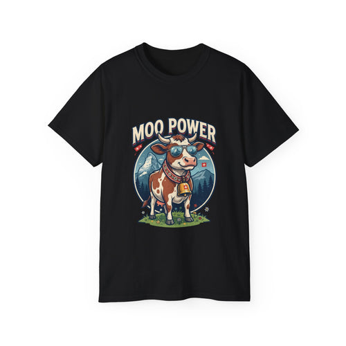 "MOO POWER" T-Shirts – Lustiges Kuh-Motiv mit Schweizer Alpen-Flair