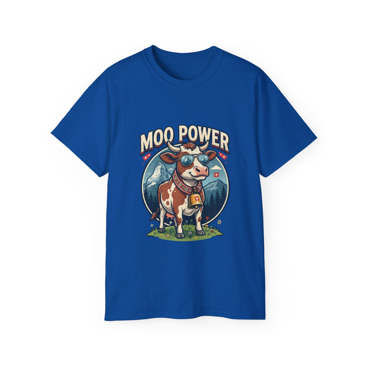 "MOO POWER" T-Shirts – Lustiges Kuh-Motiv mit Schweizer Alpen-Flair