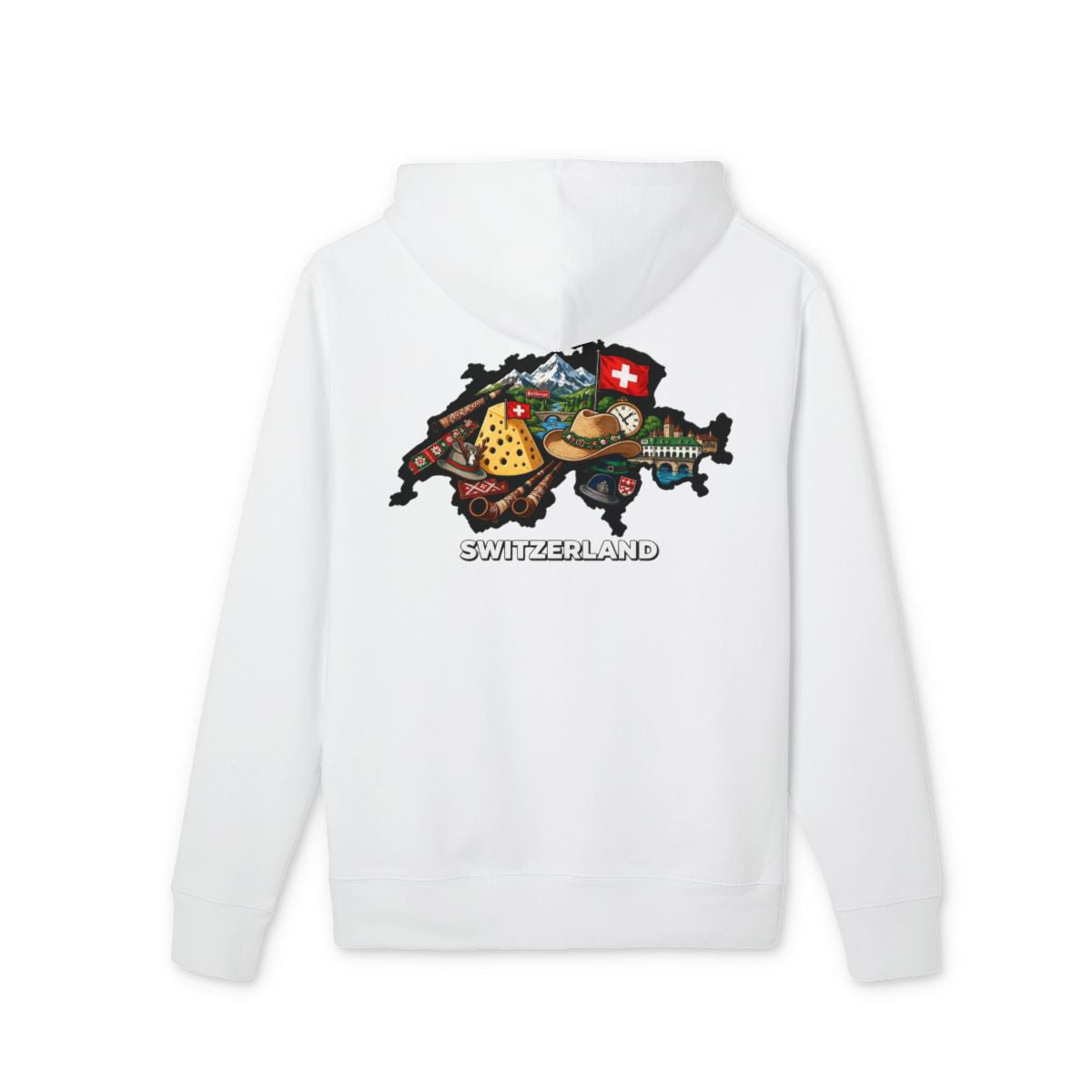 Switzerland Map Graphic Hoodie – White Swiss Icons Unisex Sweater