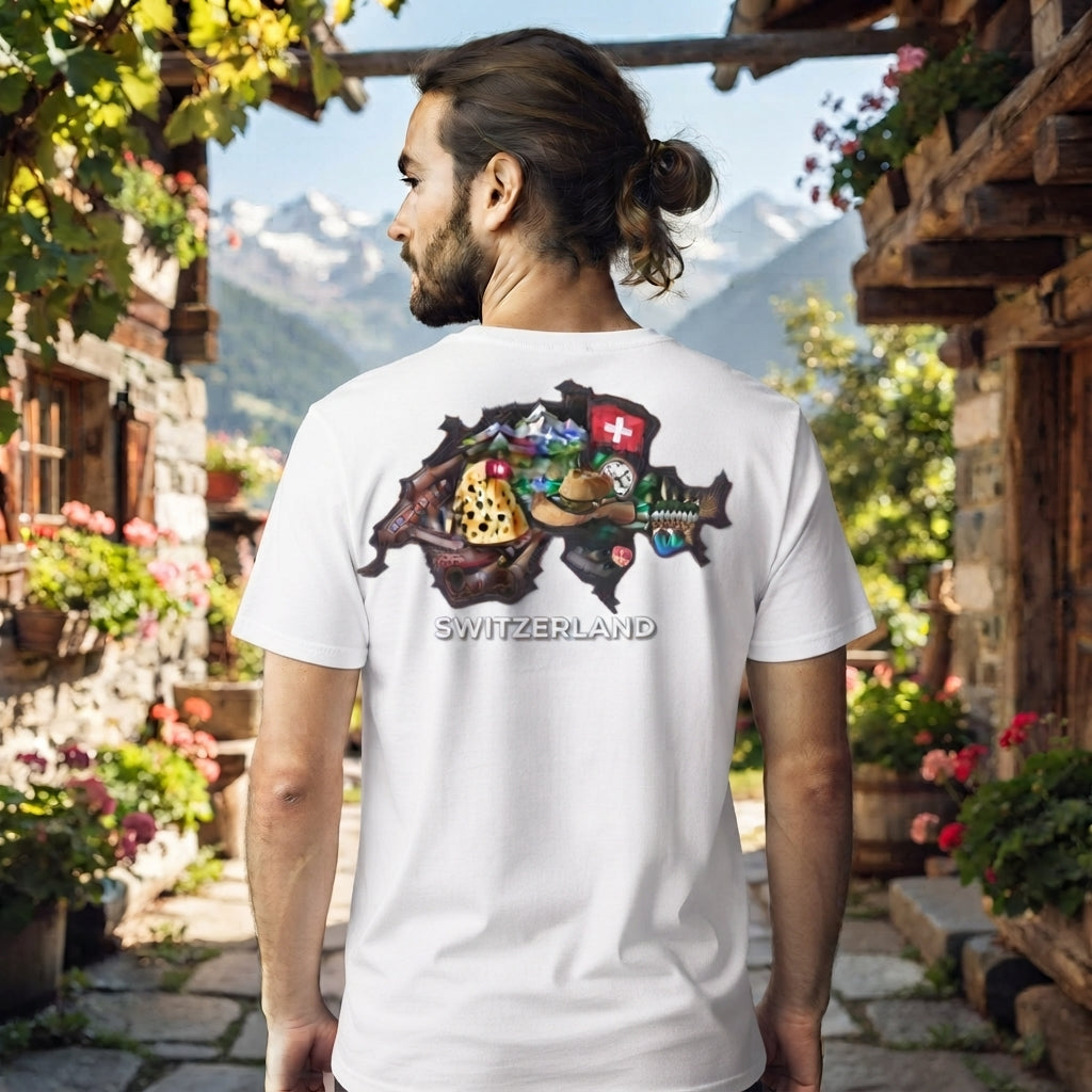 Schweizer Ikonen T-Shirt - Premium Collage-Design im Landkarten-Stil - Weiss, für Sie und Ihn