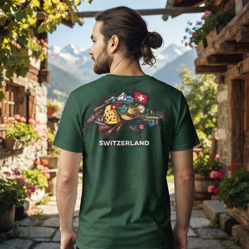 Schweizer Ikonen T-Shirt - Premium Collage-Design im Landkarten-Stil - Weiss, für Sie und Ihn