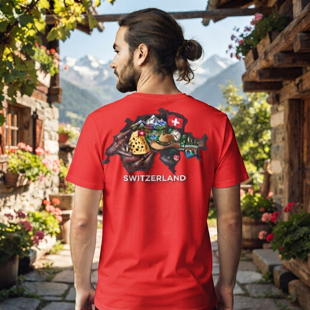 Schweizer Ikonen T-Shirt - Premium Collage-Design im Landkarten-Stil - Weiss, für Sie und Ihn