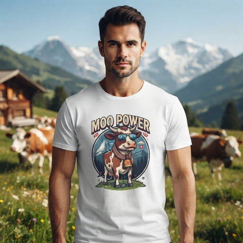"MOO POWER" T-Shirts – Lustiges Kuh-Motiv mit Schweizer Alpen-Flair