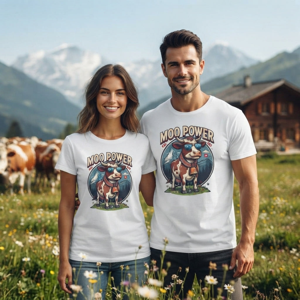 "MOO POWER" T-Shirts – Lustiges Kuh-Motiv mit Schweizer Alpen-Flair