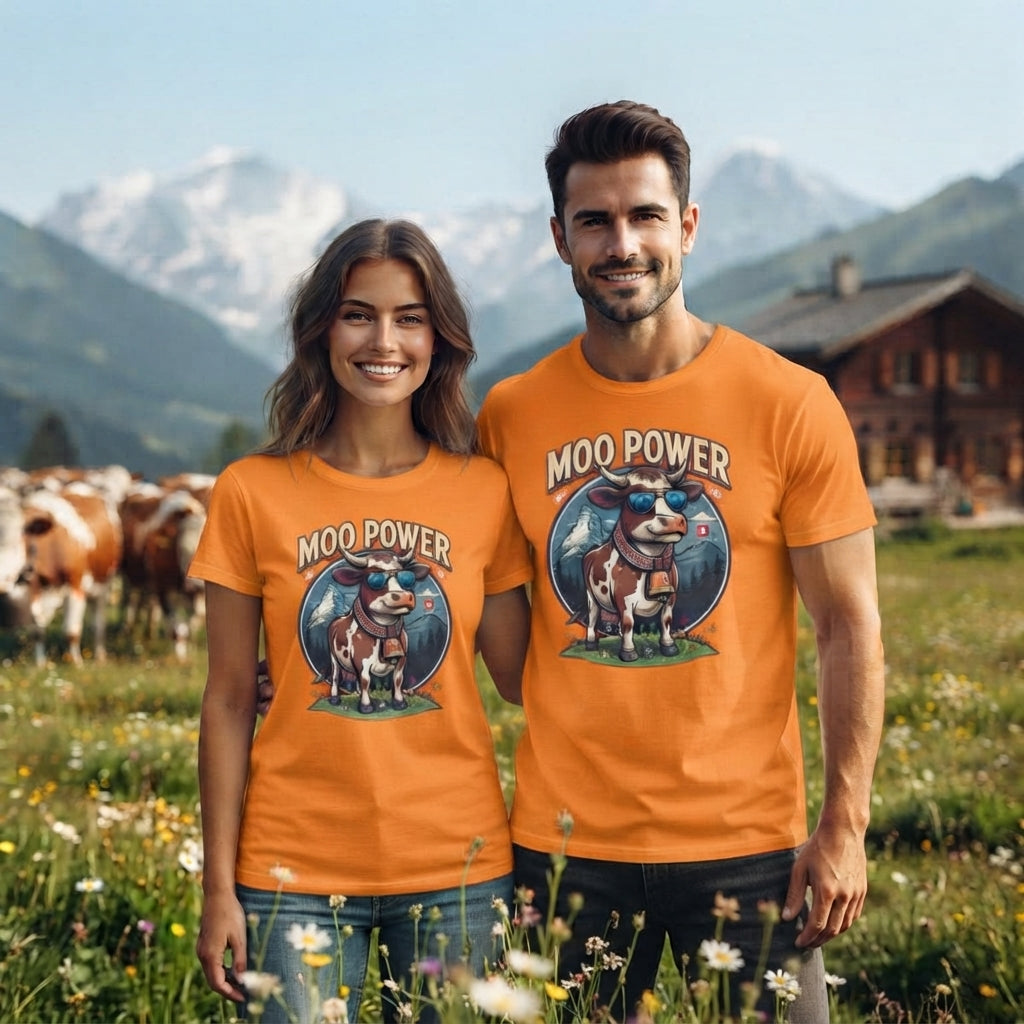 "MOO POWER" T-Shirts – Lustiges Kuh-Motiv mit Schweizer Alpen-Flair