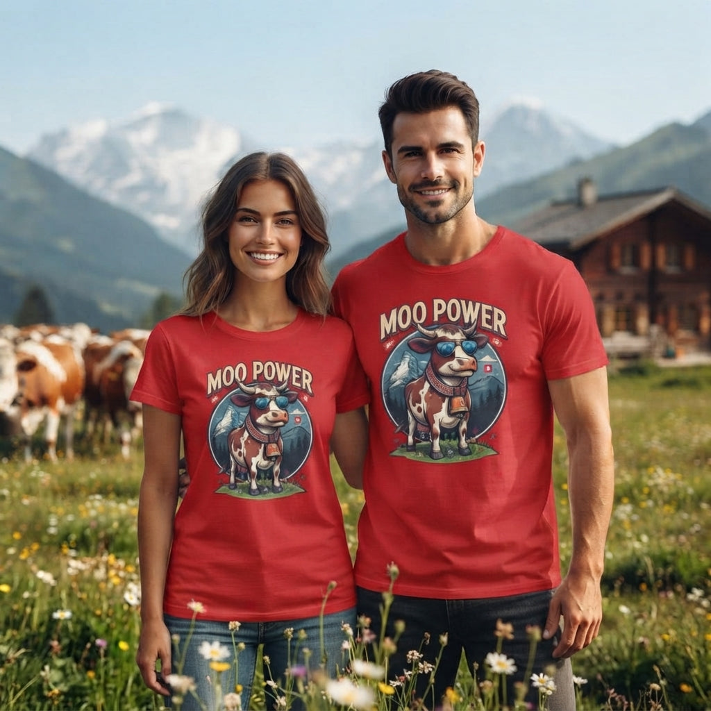 "MOO POWER" T-Shirts – Lustiges Kuh-Motiv mit Schweizer Alpen-Flair