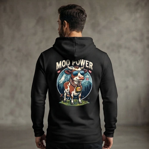 "MOO POWER" Herren Hoodie – Lustiges Alpen-Kuh Design mit Schweizer Charme – Premium Kapuzenpullover