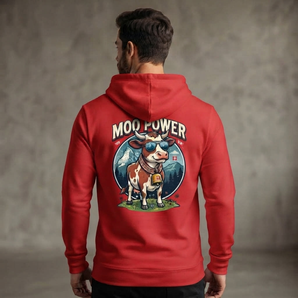 "MOO POWER" Herren Hoodie – Lustiges Alpen-Kuh Design mit Schweizer Charme – Premium Kapuzenpullover
