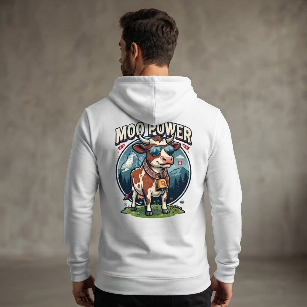 "MOO POWER" Herren Hoodie – Lustiges Alpen-Kuh Design mit Schweizer Charme – Premium Kapuzenpullover