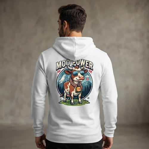 "MOO POWER" Herren Hoodie – Lustiges Alpen-Kuh Design mit Schweizer Charme – Premium Kapuzenpullover