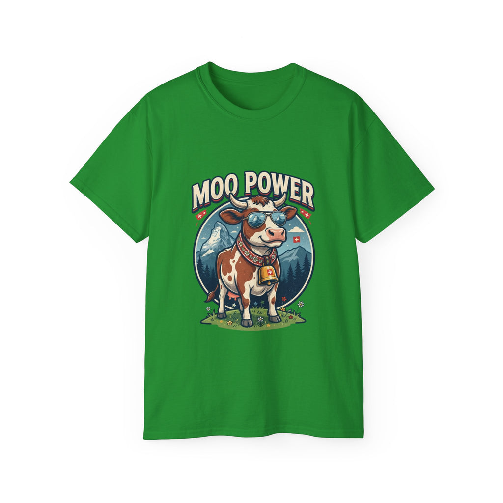 "MOO POWER" T-Shirts – Lustiges Kuh-Motiv mit Schweizer Alpen-Flair
