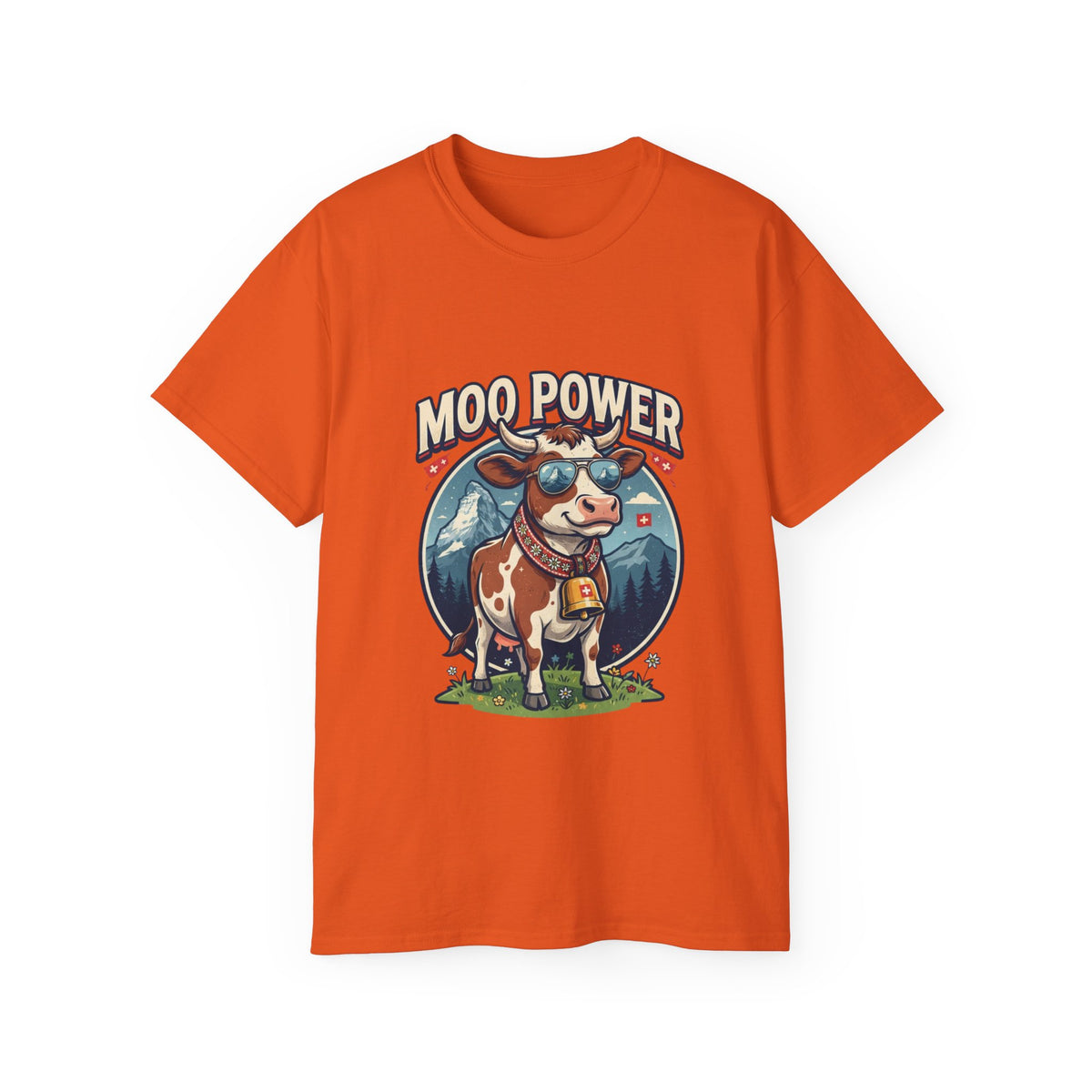 "MOO POWER" T-Shirts – Lustiges Kuh-Motiv mit Schweizer Alpen-Flair