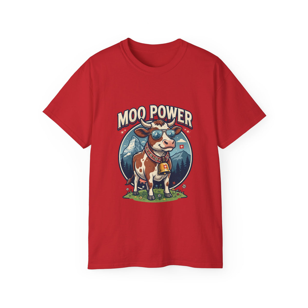 "MOO POWER" T-Shirts – Lustiges Kuh-Motiv mit Schweizer Alpen-Flair
