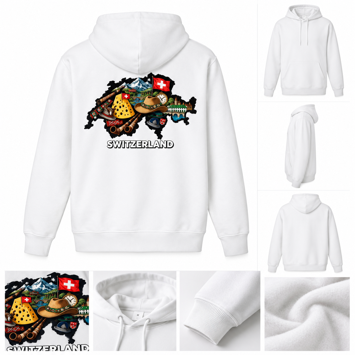 Switzerland Map Graphic Hoodie – White Swiss Icons Unisex Sweater