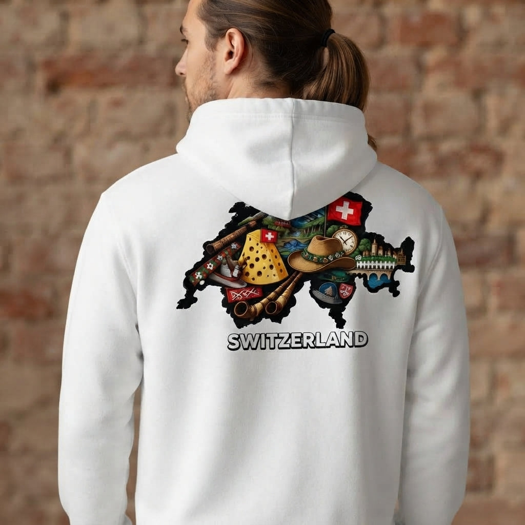 Switzerland Map Graphic Hoodie – White Swiss Icons Unisex Sweater