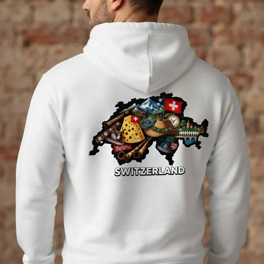 Switzerland Map Graphic Hoodie – White Swiss Icons Unisex Sweater