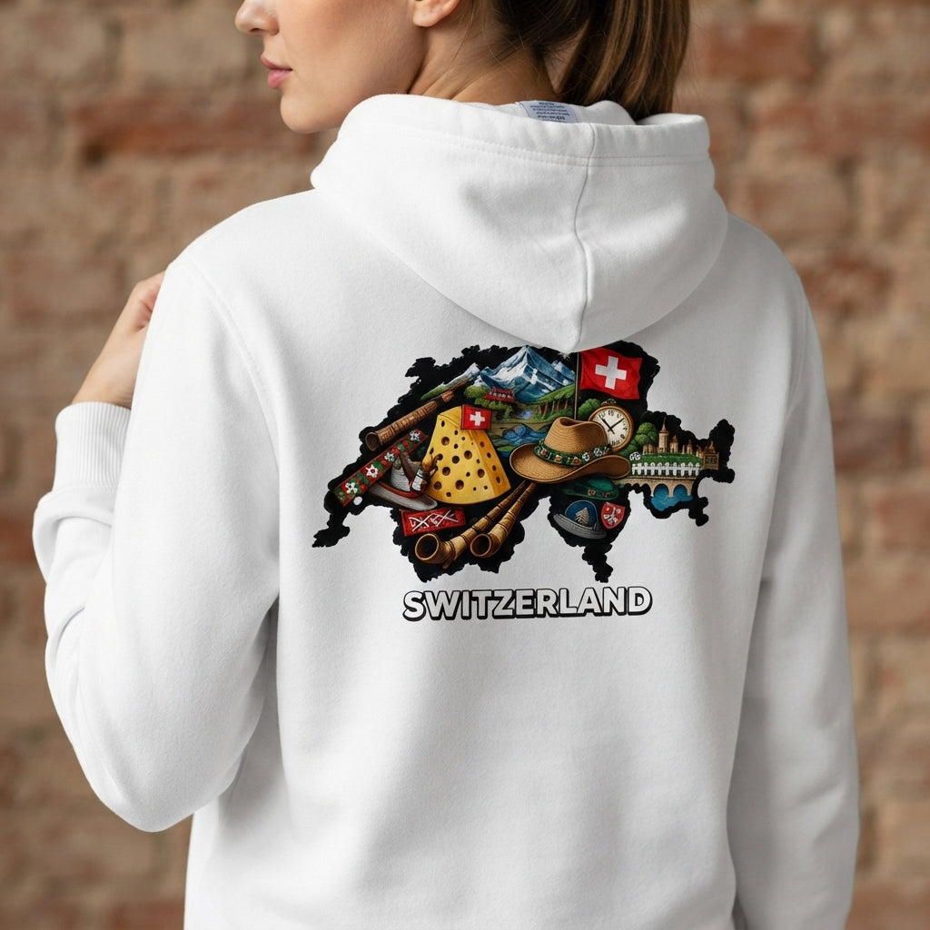Switzerland Map Graphic Hoodie – White Swiss Icons Unisex Sweater
